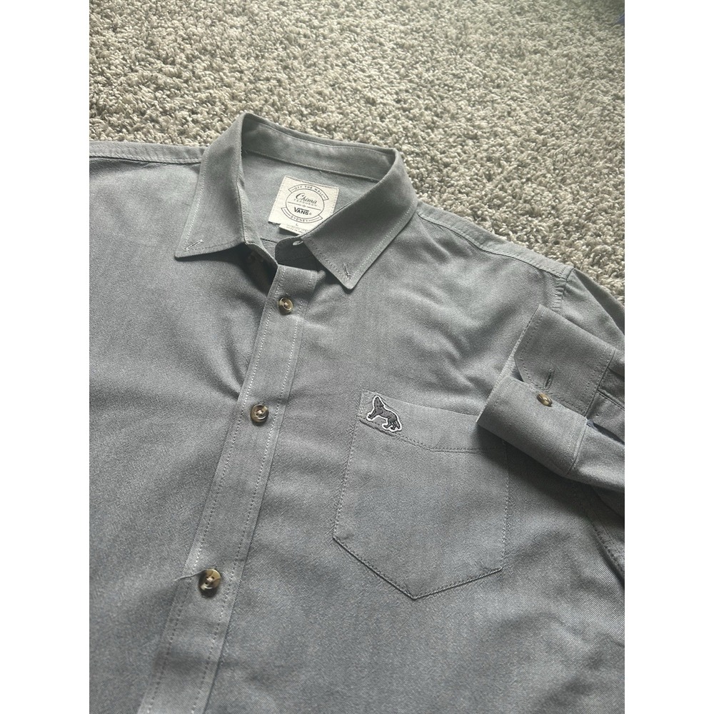 Vans Men's Gray Long Sleeve Button Down Oxford Shirt Wolf Patch Embroidery Sz L